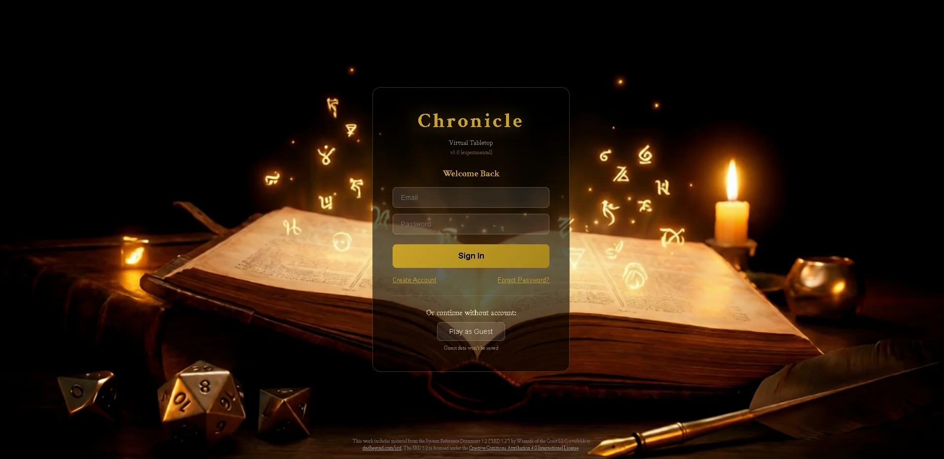 ChronicleVTT Login Screen